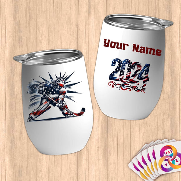 Physical Item 12 oz / White Liberty Hockey Glow ~ Limited Edition 2024 "USA Excellence" ~ Customizable 12oz Wine Tumbler with Lid