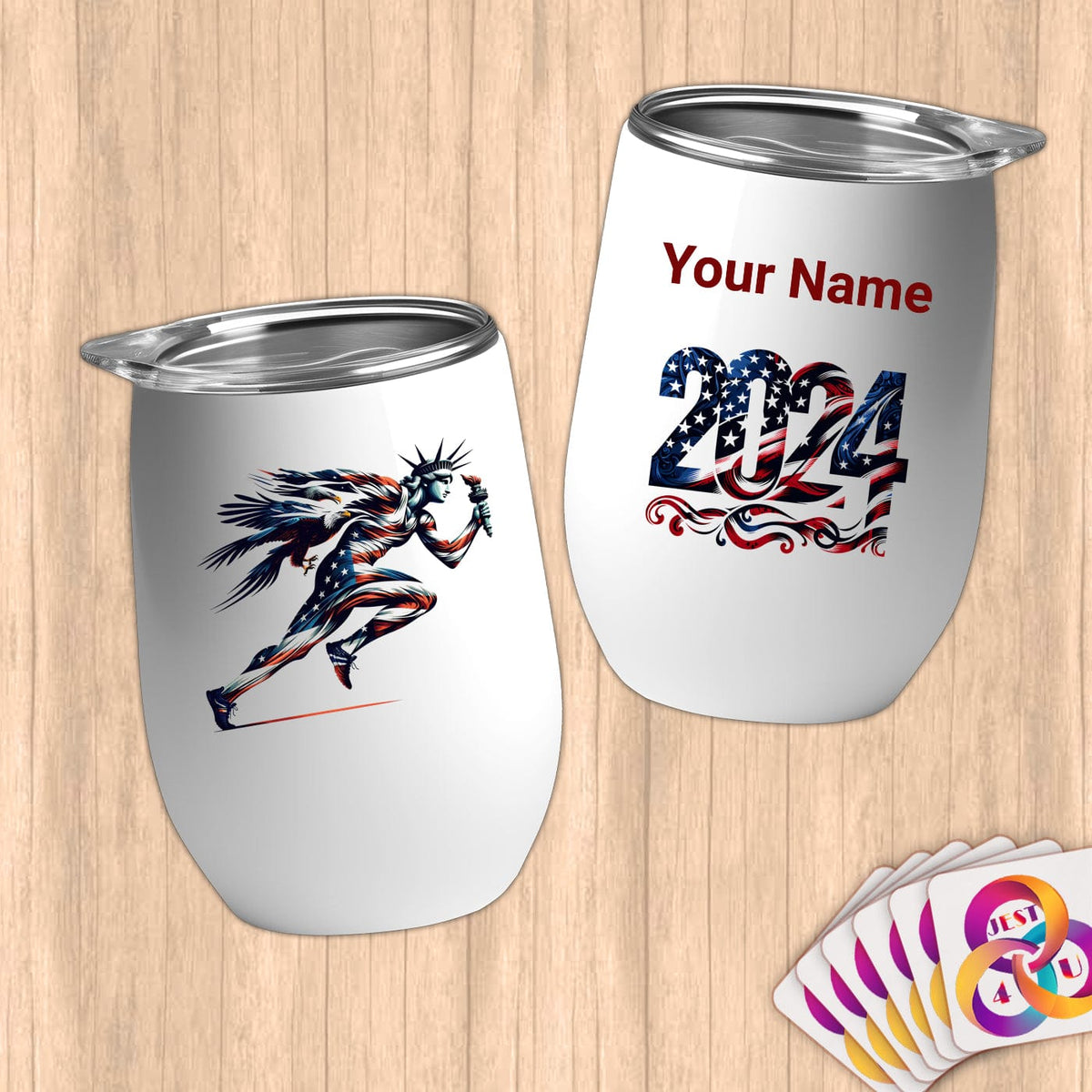 Physical Item 12 oz / White Liberty Running~Limited Edition 2024 "USA Excellence" ~ Customizable 12oz Wine Tumbler with Lid