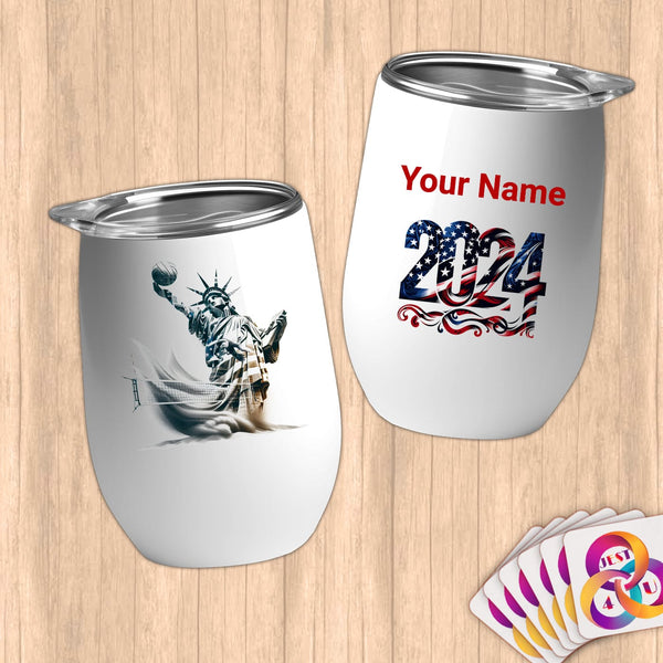 Physical Item 12 oz / White Liberty's Sandy Volley ~Limited Edition 2024 "USA Excellence" ~ Customizable 12oz Wine Tumbler with Lid