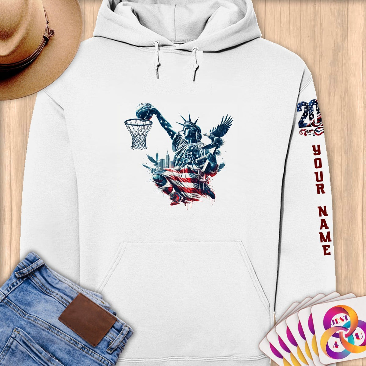 Physical Item S / White Liberty Slam Dunk ~Limited Edition 2024 "USA Excellence" ~ Personalized Premium Hoodie