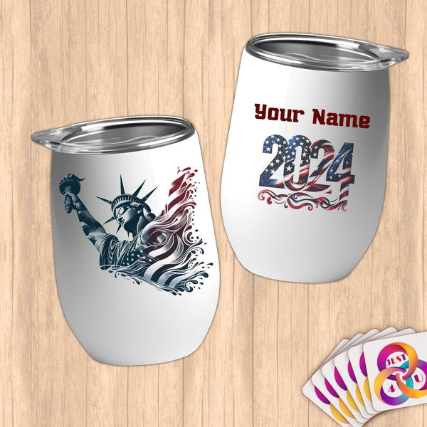 Physical Item 12 oz / White Liberty Swim ~ Limited Edition 2024 "USA Excellence" ~ Customizable 12oz Wine Tumbler with Lid