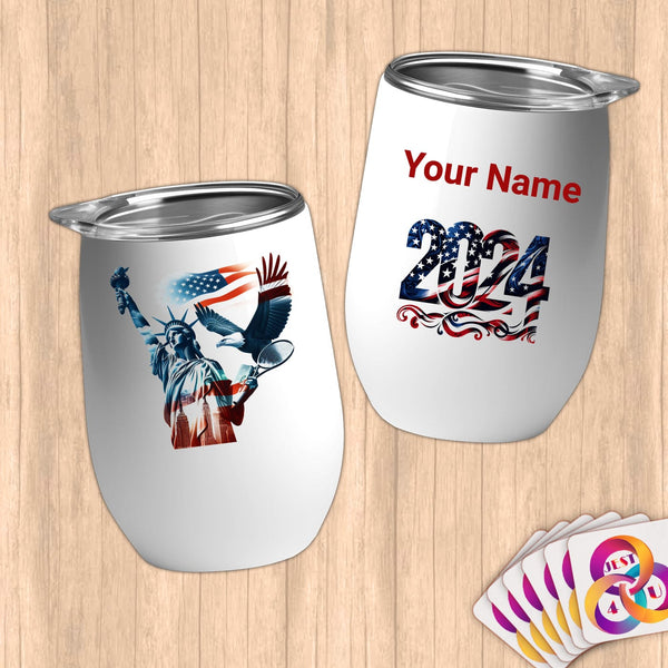Physical Item 12 oz / White Liberty Tennis~Limited Edition 2024 "USA Excellence" ~ Customizable 12oz Wine Tumbler with Lid