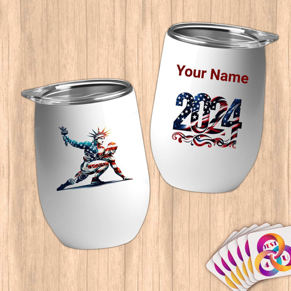 Physical Item 12 oz / White Liberty Torch Athlete~Limited Edition 2024 "USA Excellence" ~ Customizable 12oz Wine Tumbler with Lid