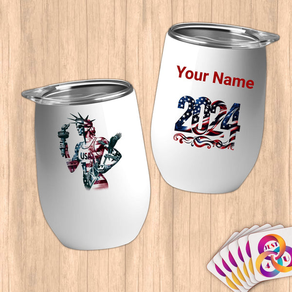 Physical Item 12 oz / White Liberty Triathalon~Limited Edition 2024 "USA Excellence" ~ Customizable 12oz Wine Tumbler with Lid