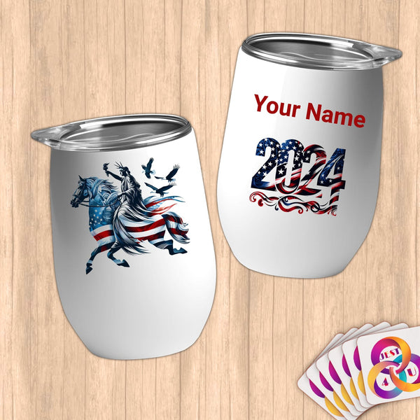 Physical Item 12 oz / White Liberty Trot~Limited Edition 2024 "USA Excellence" ~ Customizable 12oz Wine Tumbler with Lid