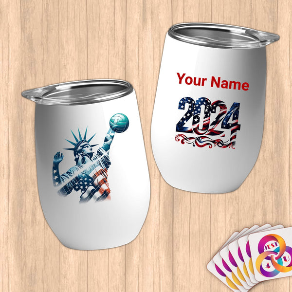 Physical Item 12 oz / White Liberty USA Volleyball Slam ~Limited Edition 2024 "USA Excellence" ~ Customizable 12oz Wine Tumbler with Lid