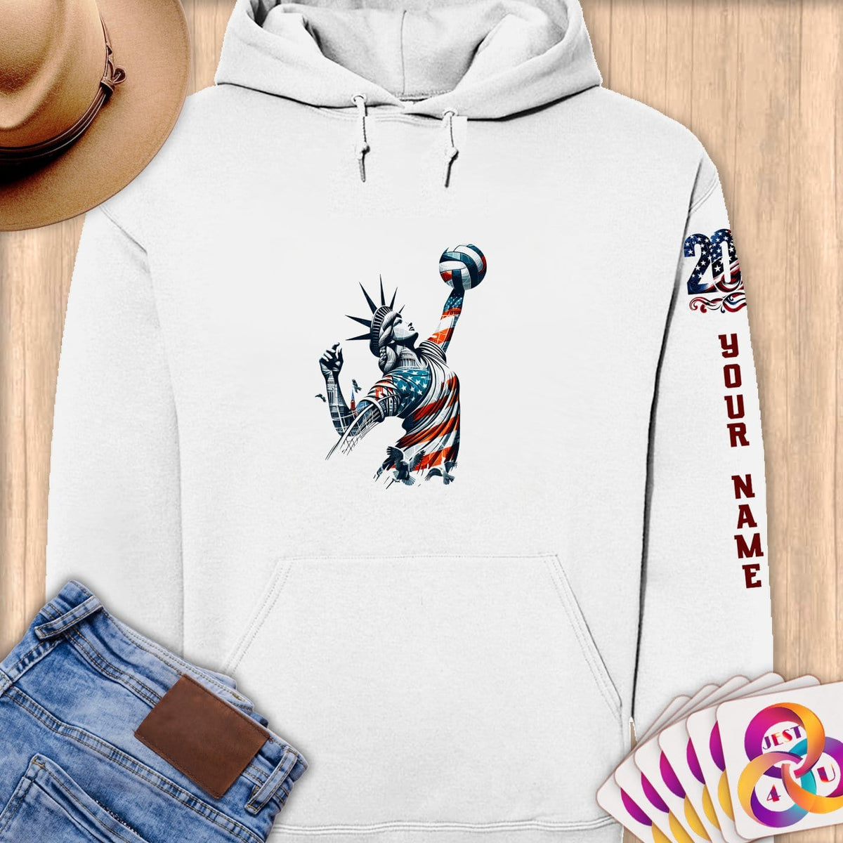 Physical Item S / White Liberty Volley ~Limited Edition 2024 "USA Excellence" ~ Personalized Premium Hoodie