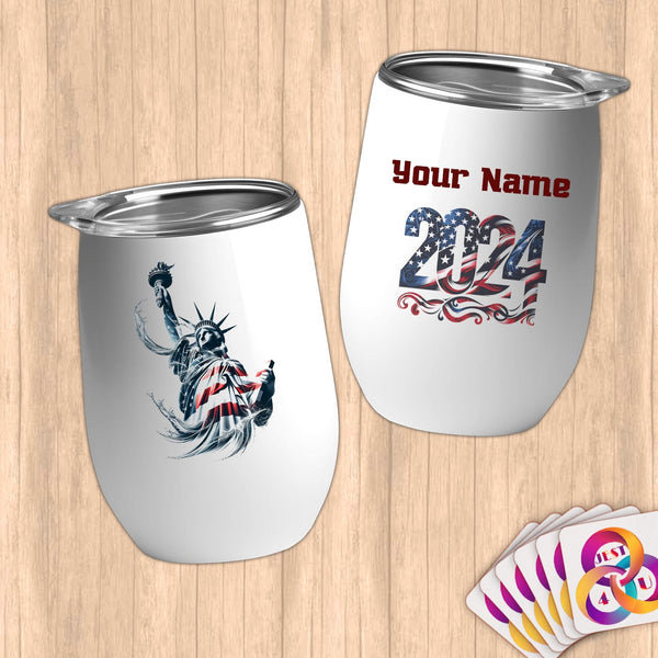 Physical Item 12 oz / White Liberty Waves ~ Limited Edition 2024 "USA Excellence" ~ Customizable 12oz Wine Tumbler with Lid