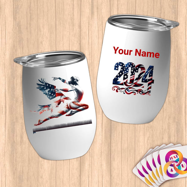Physical Item 12 oz / White Majestic Eagle Gymnastic Form ~Limited Edition 2024 "USA Excellence" ~ Customizable 12oz Wine Tumbler with Lid