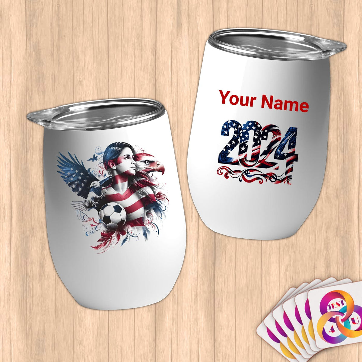 Physical Item 12 oz / White Majestic Soccer ~Limited Edition 2024 "USA Excellence" ~ Customizable 12oz Wine Tumbler with Lid