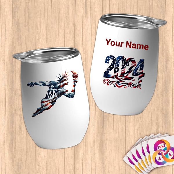 Physical Item 12 oz / White Majestic USA Liberty~Limited Edition 2024 "USA Excellence" ~ Customizable 12oz Wine Tumbler with Lid