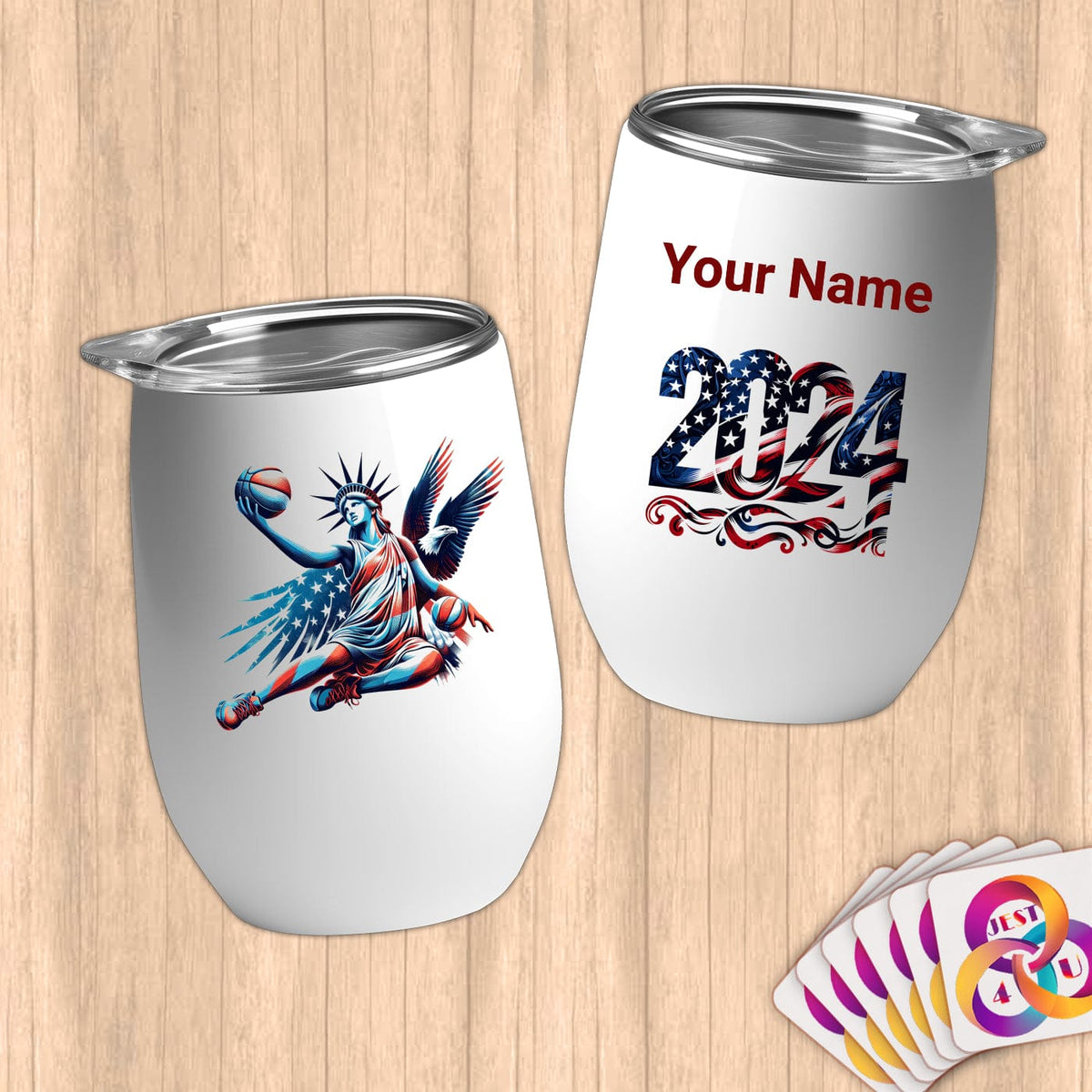 Physical Item 12 oz / White Mighty Liberty Basketball~Limited Edition 2024 "USA Excellence" ~ Customizable 12oz Wine Tumbler with Lid