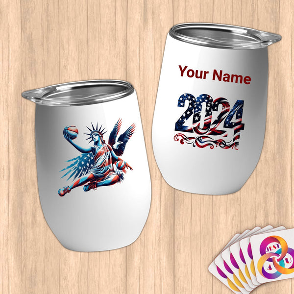 Physical Item 12 oz / White Mighty Liberty Basketball~Limited Edition 2024 "USA Excellence" ~ Customizable 12oz Wine Tumbler with Lid