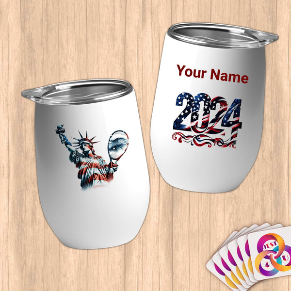 Physical Item 12 oz / White Mighty Liberty Eagle Tennis~Limited Edition 2024 "USA Excellence" ~ Customizable 12oz Wine Tumbler with Lid