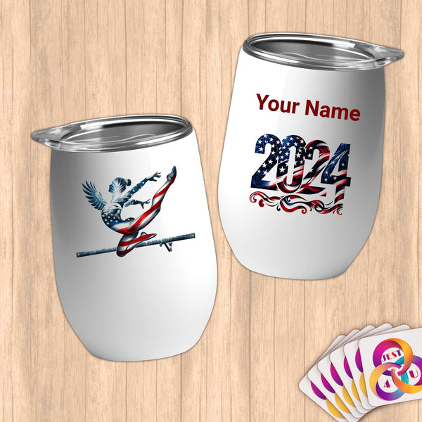 Physical Item 12 oz / White Patriot Gymnast Stance~Limited Edition 2024 "USA Excellence" ~ Customizable 12oz Wine Tumbler with Lid