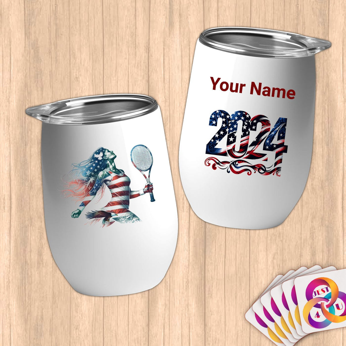 Physical Item 12 oz / White Patriotic American Tennis Player~Limited Edition 2024 "USA Excellence" ~ Customizable 12oz Wine Tumbler with Lid