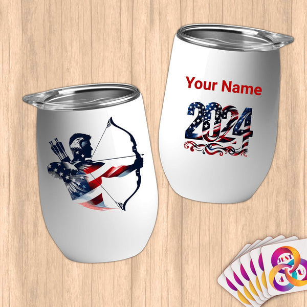 Physical Item 12 oz / White Patriotic Archer ~Limited Edition 2024 "USA Excellence" ~ Customizable 12oz Wine Tumbler with Lid