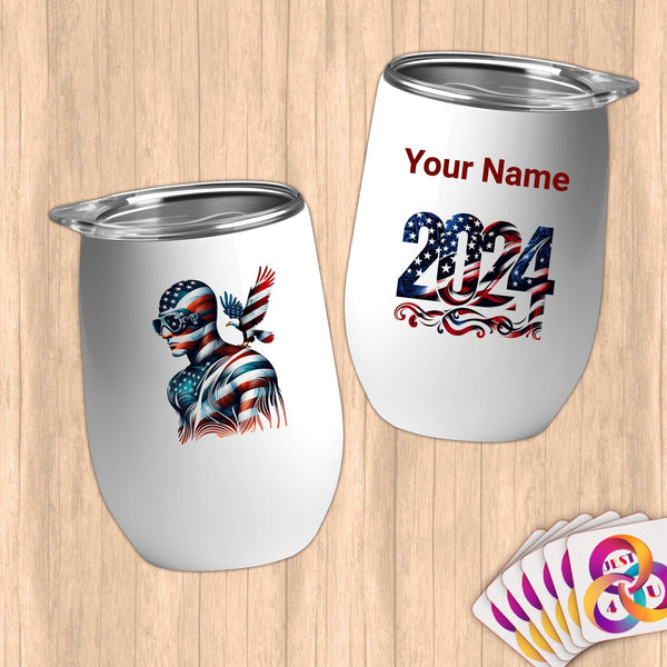 Physical Item 12 oz / White Patriotic Bald Eagle Swimmer~Limited Edition 2024 "USA Excellence" ~ Customizable 12oz Wine Tumbler with Lid
