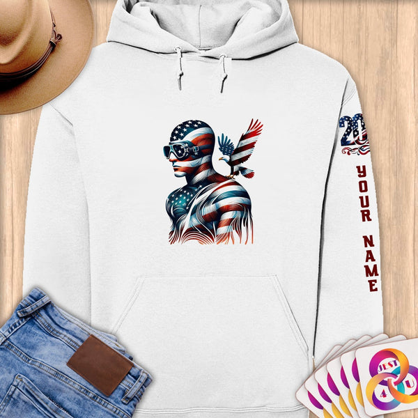 Physical Item S / White Patriotic Bald Eagle Swimmer~Limited Edition 2024 "USA Excellence" ~ Personalized Premium Hoodie