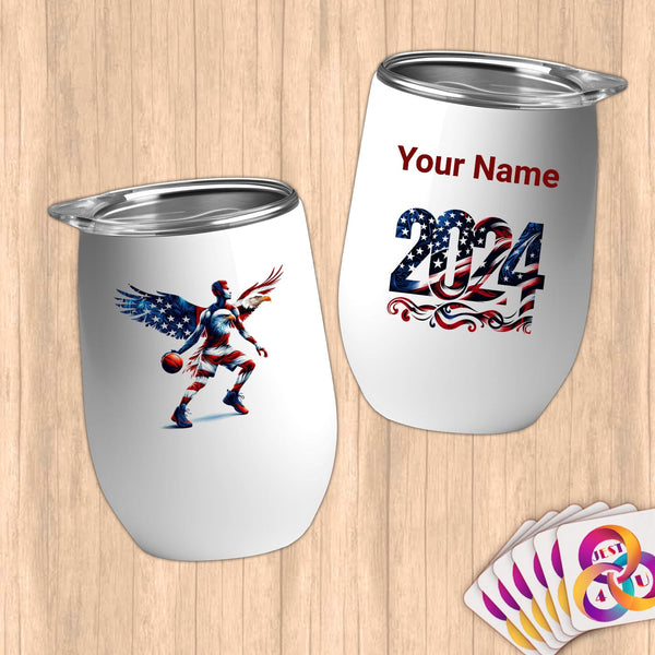 Physical Item 12 oz / White Patriotic Basketball Eagle~Limited Edition 2024 "USA Excellence" ~ Customizable 12oz Wine Tumbler with Lid