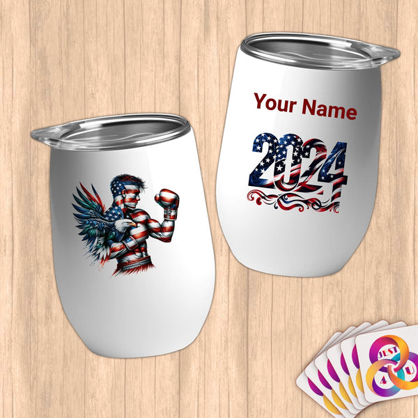 Physical Item 12 oz / White Patriotic Boxer Eagle~Limited Edition 2024 "USA Excellence" ~ Customizable 12oz Wine Tumbler with Lid