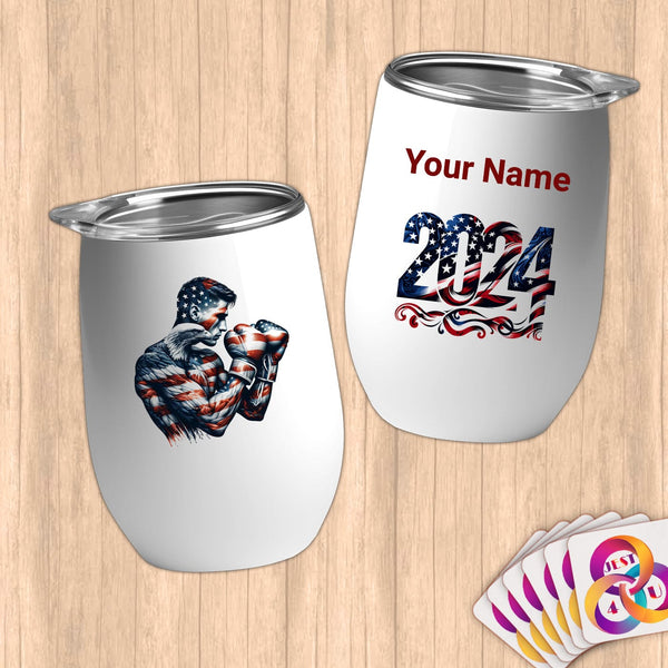 Physical Item 12 oz / White Patriotic Boxer Eagle~Limited Edition 2024 "USA Excellence" ~ Customizable 12oz Wine Tumbler with Lid