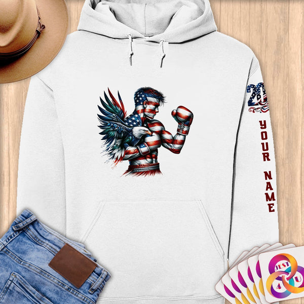 Physical Item S / White Patriotic Boxer Eagle~Limited Edition 2024 "USA Excellence" ~ Personalized Premium Hoodie