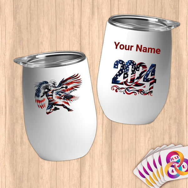 Physical Item 12 oz / White Patriotic Boxing Eagle Pride~Limited Edition 2024 "USA Excellence" ~ Customizable 12oz Wine Tumbler with Lid