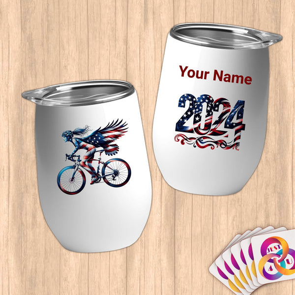 Physical Item 12 oz / White Patriotic Cycling Eagle~Limited Edition 2024 "USA Excellence" ~ Customizable 12oz Wine Tumbler with Lid
