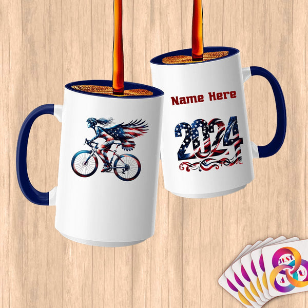 Physical Item 15oz / Blue Patriotic Cycling Eagle~Limited Edition 2024 "USA Excellence" ~ Customized Large 15oz Mug