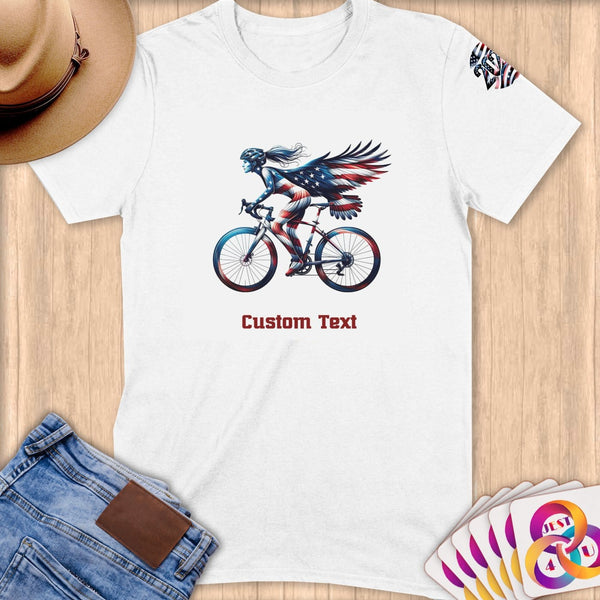 Physical Item S / White Patriotic Cycling Eagle~Limited Edition 2024 "USA Excellence" ~ Personalized Softstyle T-Shirt