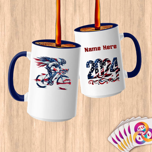 Physical Item 15oz / Blue Patriotic Cycling Triathlete~Limited Edition 2024 "USA Excellence" ~ Customized Large 15oz Mug