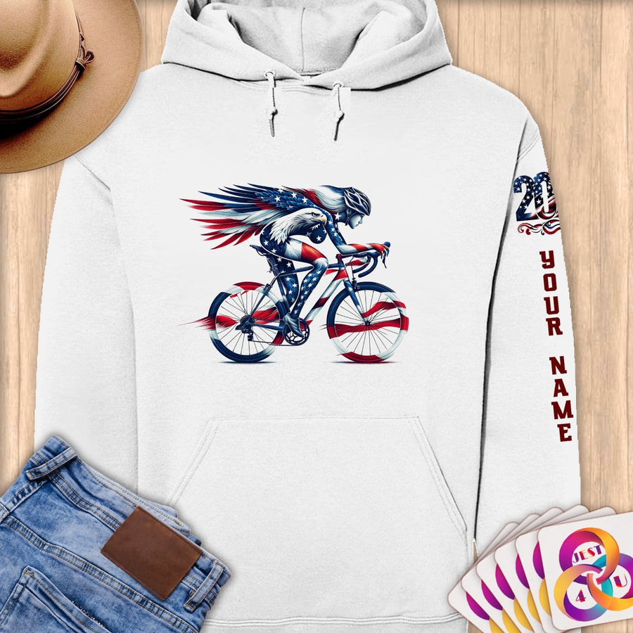 Physical Item S / White Patriotic Cycling Triathlete~Limited Edition 2024 "USA Excellence" ~ Personalized Premium Hoodie