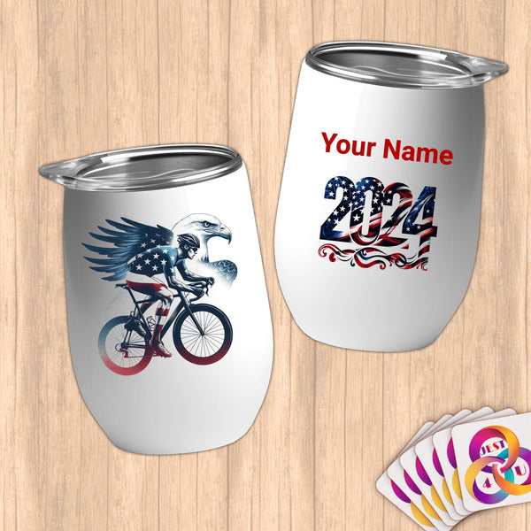 Physical Item 12 oz / White Patriotic Cyclist Eagle

T-Shirt ~Limited Edition 2024 "USA Excellence" ~ Customizable 12oz Wine Tumbler with Lid