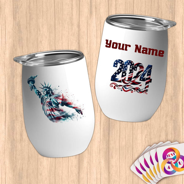 Physical Item 12 oz / White Patriotic Diving Liberty ~ Limited Edition 2024 "USA Excellence" ~ Customizable 12oz Wine Tumbler with Lid
