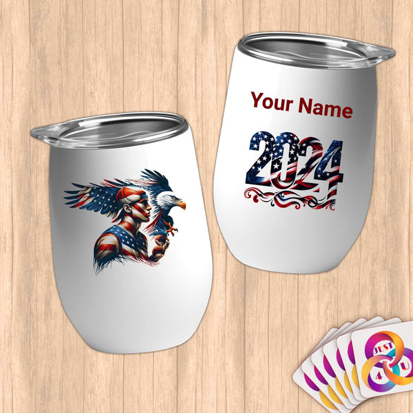 Physical Item 12 oz / White Patriotic Eagle and Warrior~Limited Edition 2024 "USA Excellence" ~ Customizable 12oz Wine Tumbler with Lid