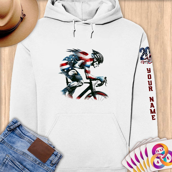 Physical Item S / White Patriotic Eagle Cyclist~Limited Edition 2024 "USA Excellence" ~ Personalized Premium Hoodie