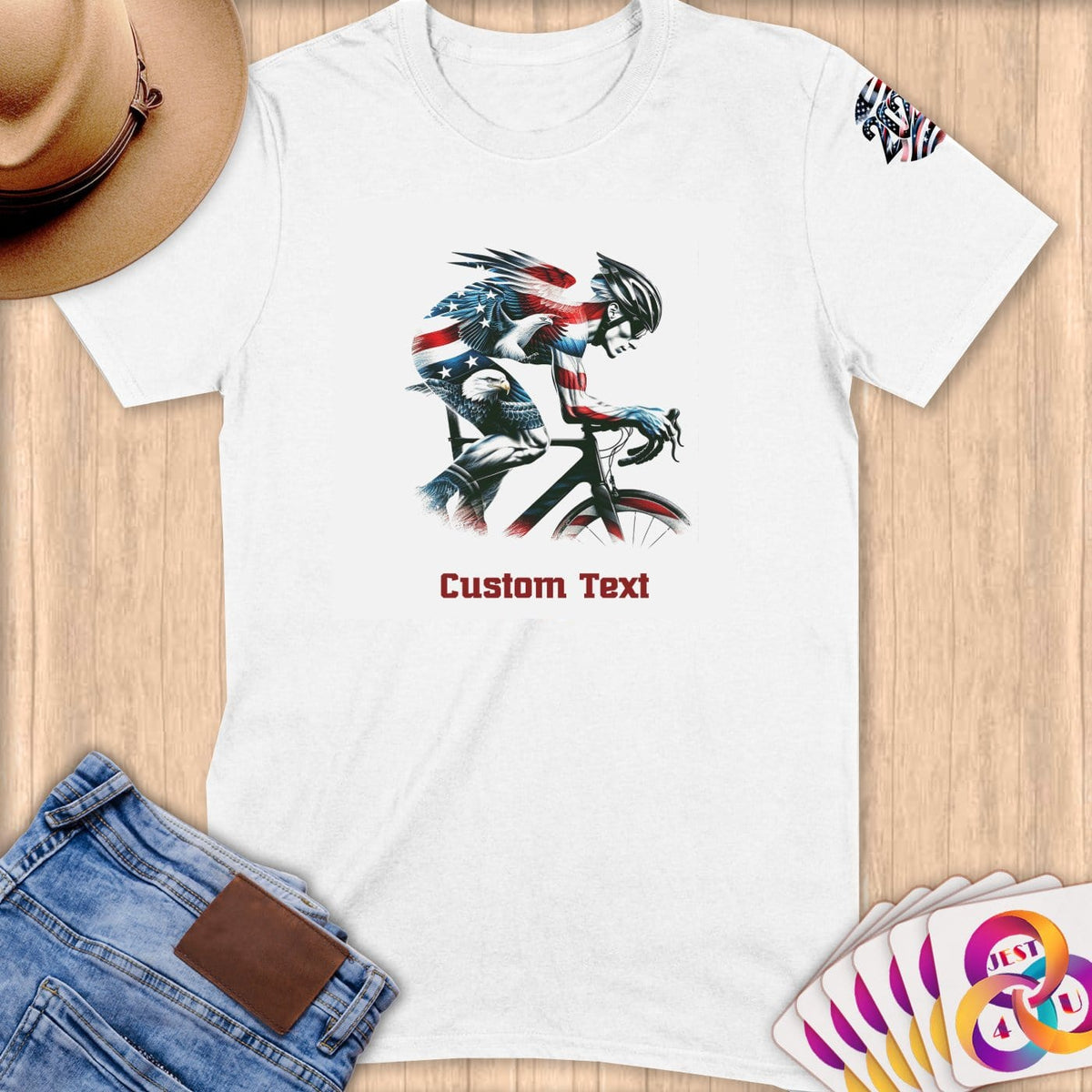 Physical Item S / White Patriotic Eagle Cyclist~Limited Edition 2024 "USA Excellence" ~ Personalized Softstyle T-Shirt
