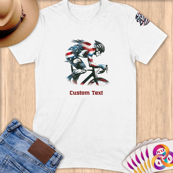 Physical Item S / White Patriotic Eagle Cyclist~Limited Edition 2024 "USA Excellence" ~ Personalized Softstyle T-Shirt