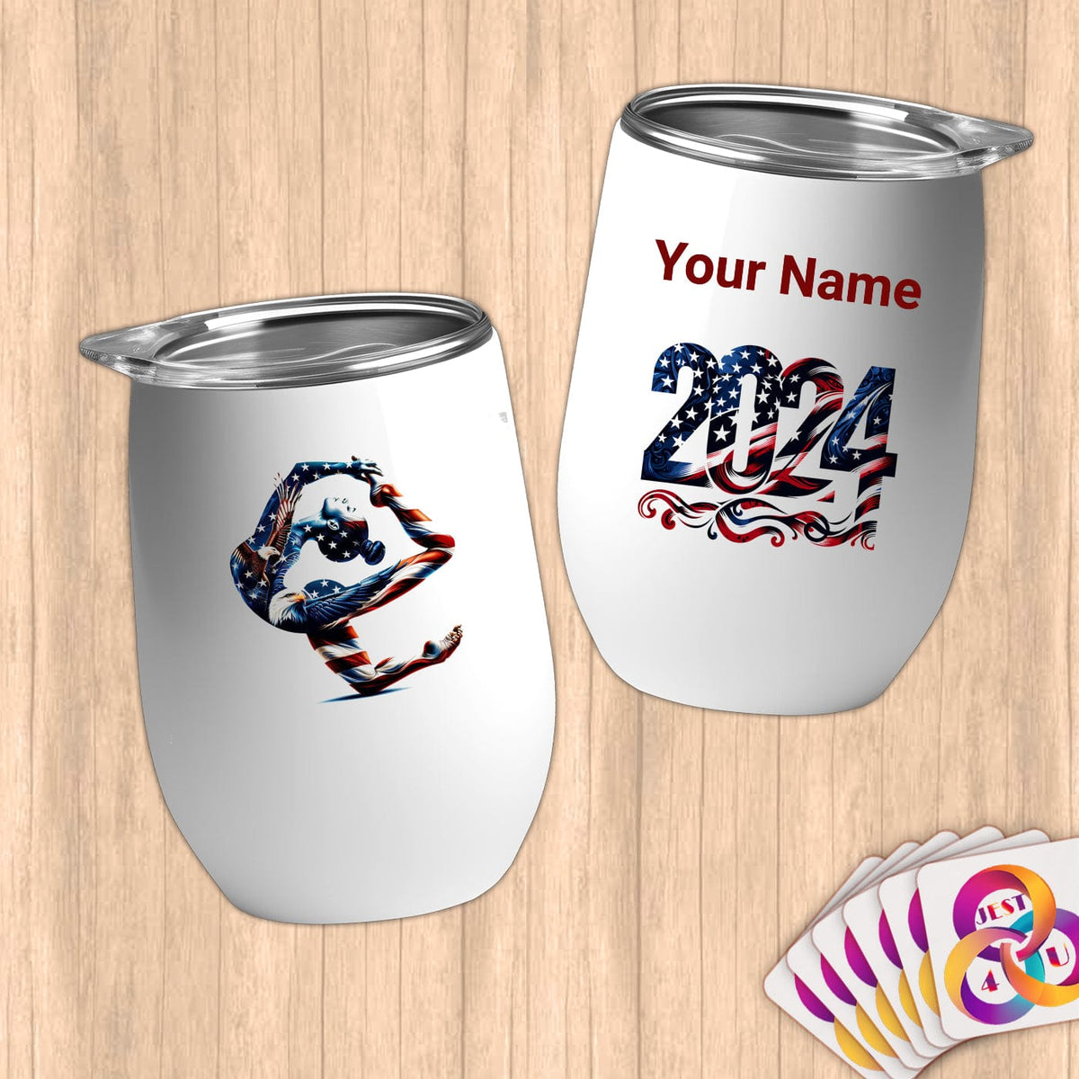 Physical Item 12 oz / White Patriotic Eagle Gymnast~Limited Edition 2024 "USA Excellence" ~ Customizable 12oz Wine Tumbler with Lid