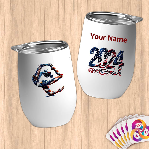 Physical Item 12 oz / White Patriotic Eagle Gymnast~Limited Edition 2024 "USA Excellence" ~ Customizable 12oz Wine Tumbler with Lid