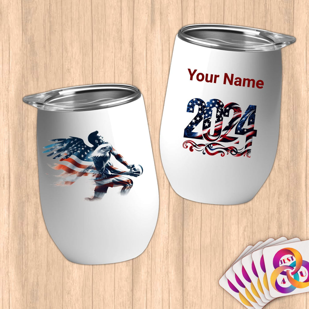 Physical Item 12 oz / White Patriotic Eagle Player Volleyball~Limited Edition 2024 "USA Excellence" ~ Customizable 12oz Wine Tumbler with Lid