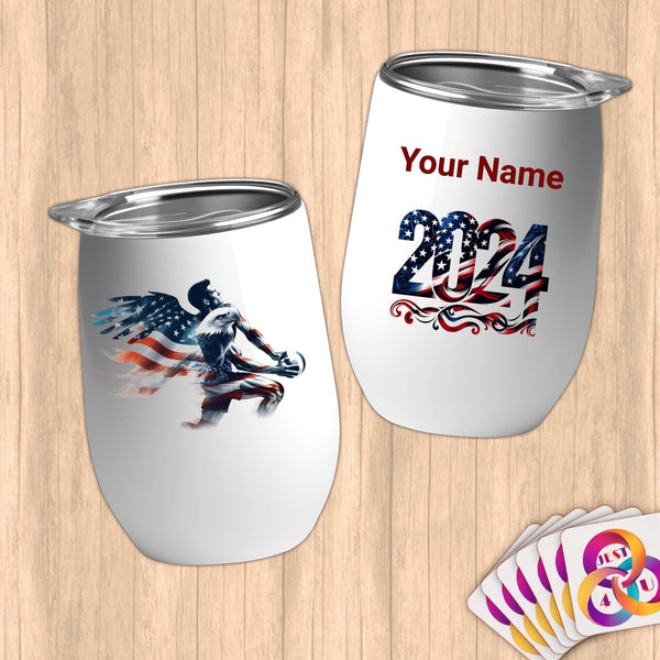 Physical Item 12 oz / White Patriotic Eagle Player Volleyball~Limited Edition 2024 "USA Excellence" ~ Customizable 12oz Wine Tumbler with Lid