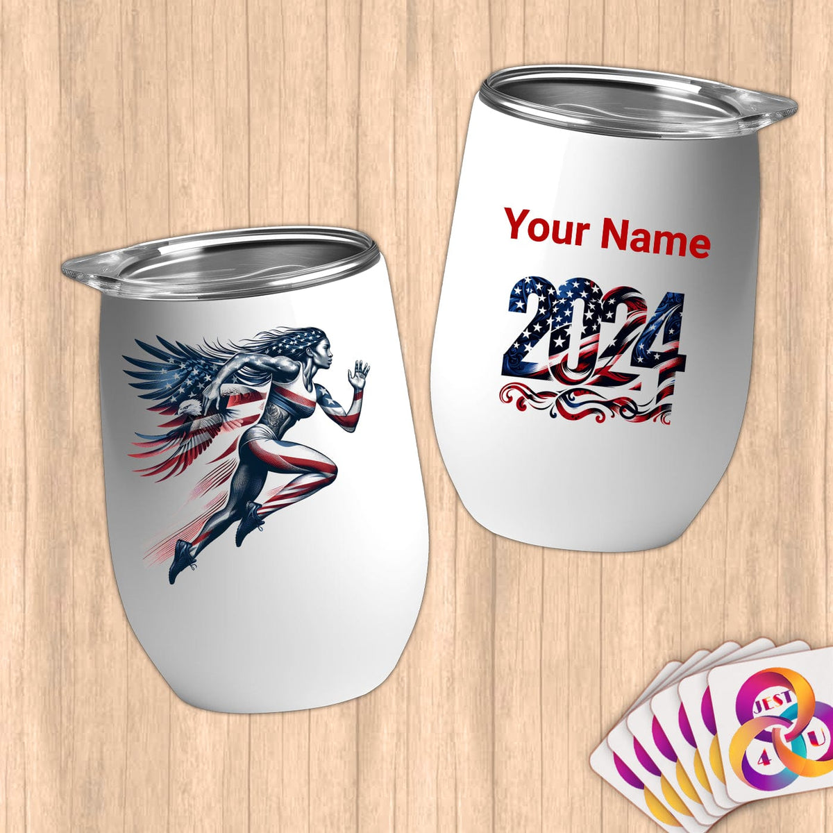 Physical Item 12 oz / White Patriotic Eagle Runner ~Limited Edition 2024 "USA Excellence" ~ Customizable 12oz Wine Tumbler with Lid