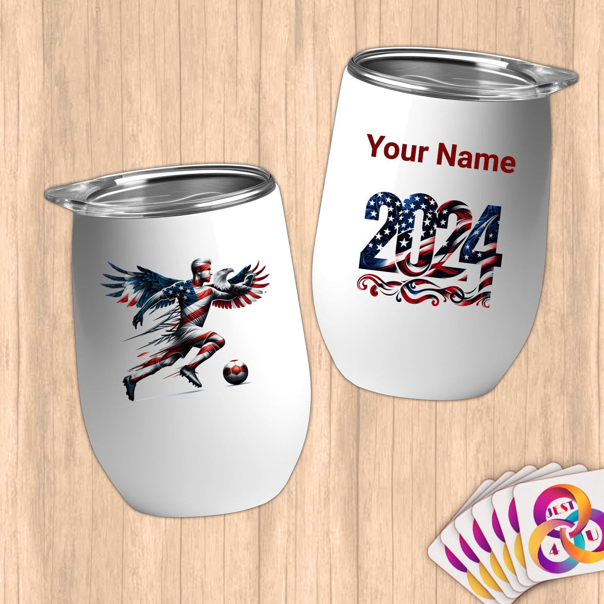 Physical Item 12 oz / White Patriotic Eagle Soccer~Limited Edition 2024 "USA Excellence" ~ Customizable 12oz Wine Tumbler with Lid