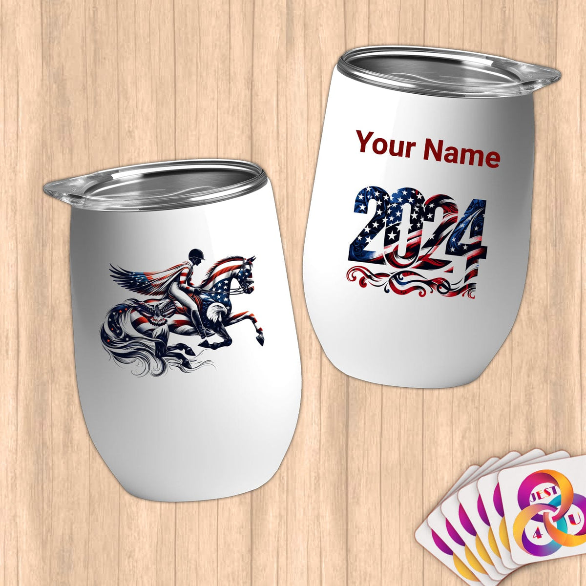 Physical Item 12 oz / White Patriotic Equestrian Rider Stars and Stripes~Limited Edition 2024 "USA Excellence" ~ Customizable 12oz Wine Tumbler with Lid