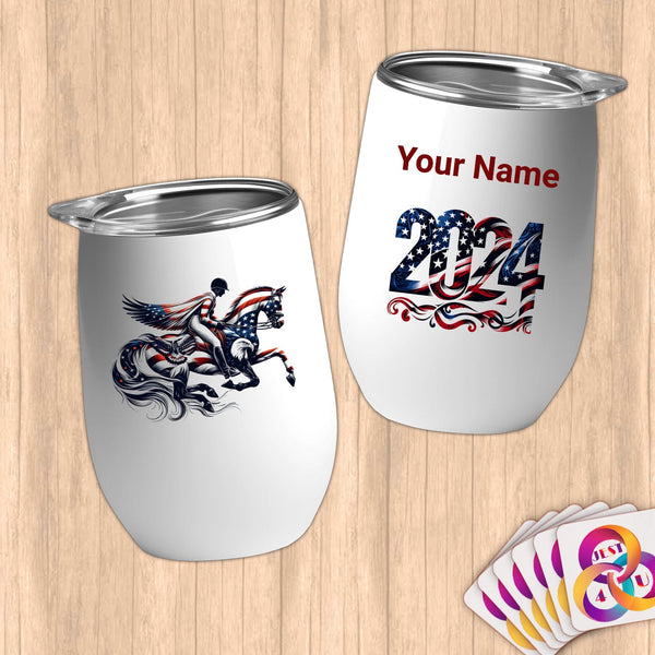 Physical Item 12 oz / White Patriotic Equestrian Rider Stars and Stripes~Limited Edition 2024 "USA Excellence" ~ Customizable 12oz Wine Tumbler with Lid