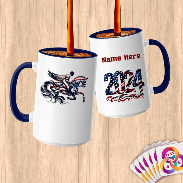 Physical Item 15oz / Blue Patriotic Equestrian Rider Stars and Stripes~Limited Edition 2024 "USA Excellence" ~ Customized Large 15oz Mug