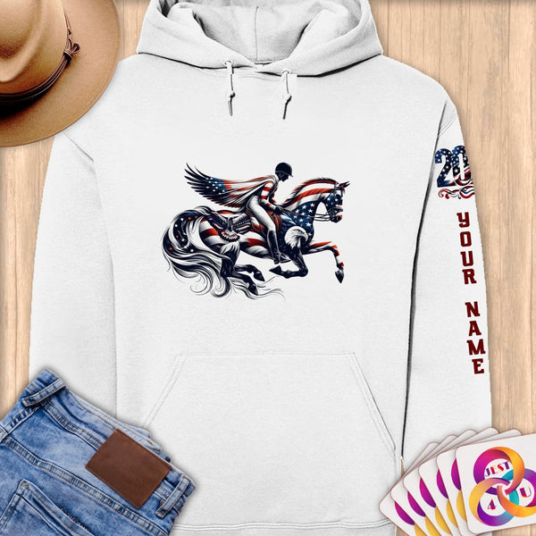 Physical Item S / White Patriotic Equestrian Rider Stars and Stripes~Limited Edition 2024 "USA Excellence" ~ Personalized Premium Hoodie