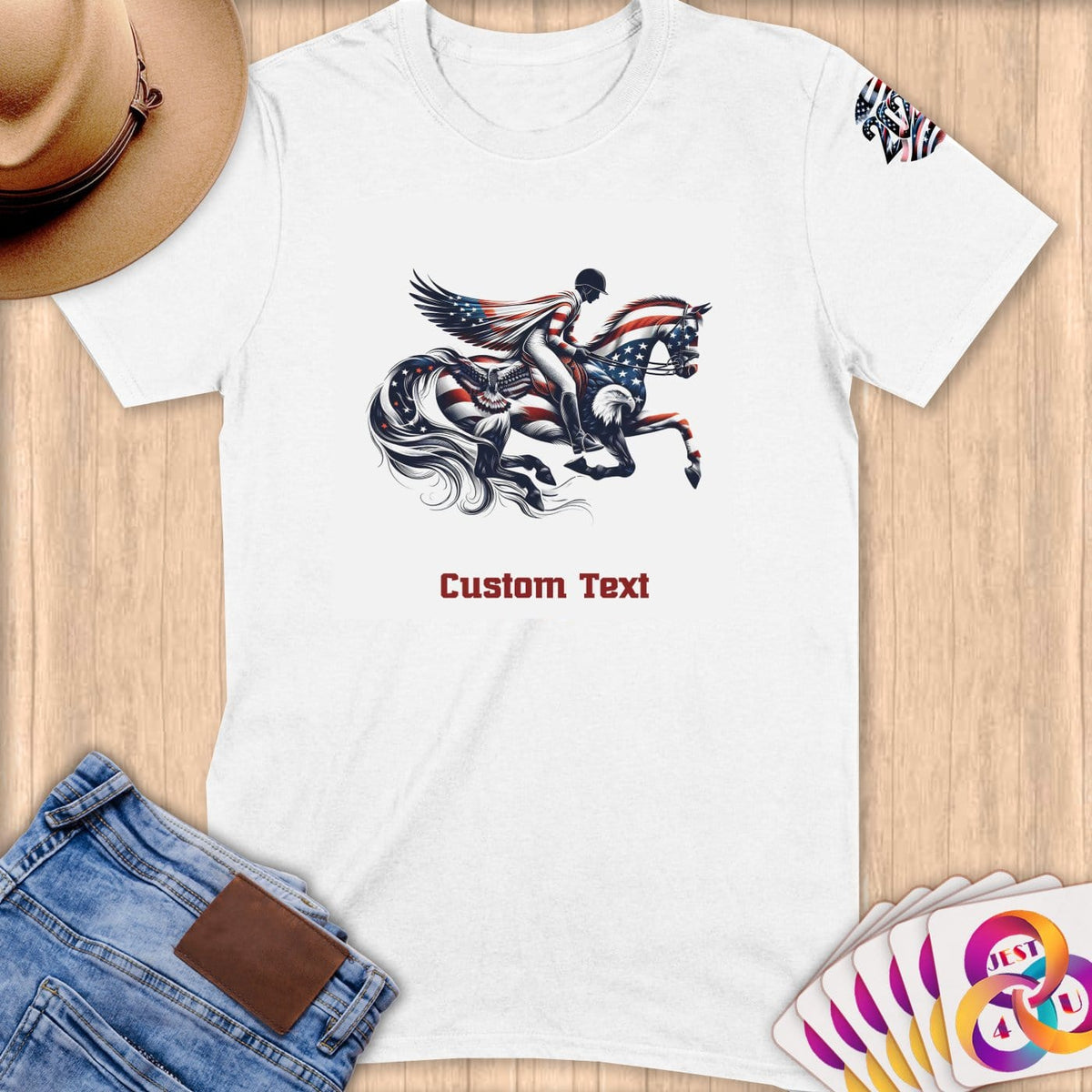 Physical Item S / White Patriotic Equestrian Rider Stars and Stripes~Limited Edition 2024 "USA Excellence" ~ Personalized Softstyle T-Shirt